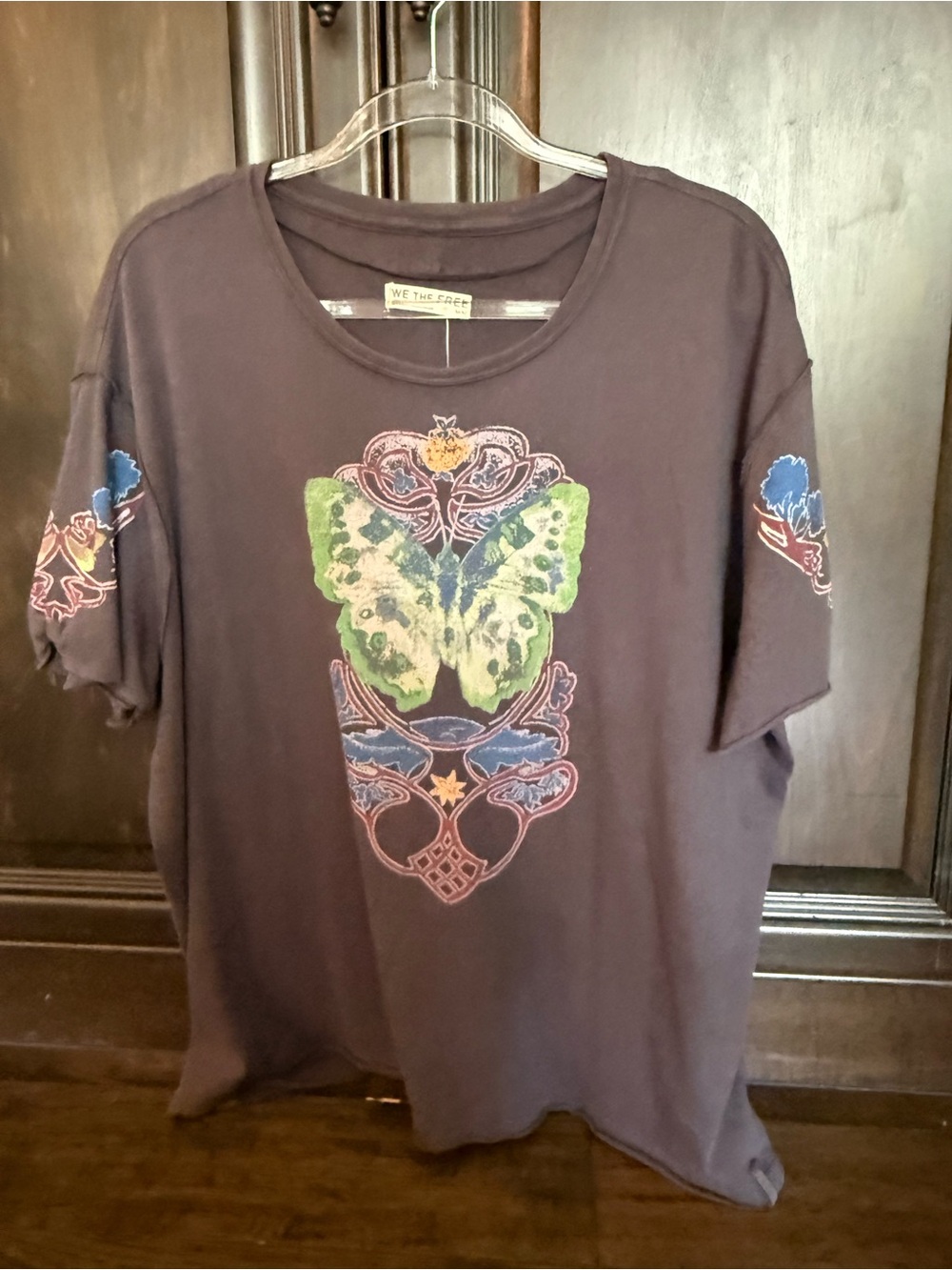 We The Free Black Graphic Butterfly Tee with Green Accent